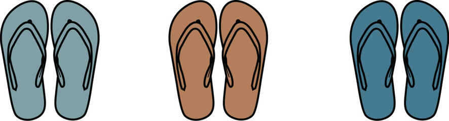 A colorful collection of summer flip-flop sandals, a flat vector design icon set for vacation and beach concepts