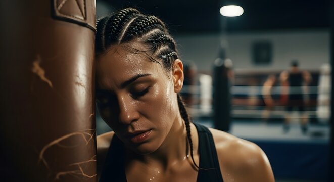 Exhausted female boxer leaning on punching bag after training.