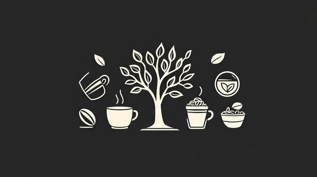 1.A beautifully crafted coffee packaging concept with an engraved-style coffee tree illustration, line-drawn icons for coffee cups and beans, and bold, clean typography for product details.