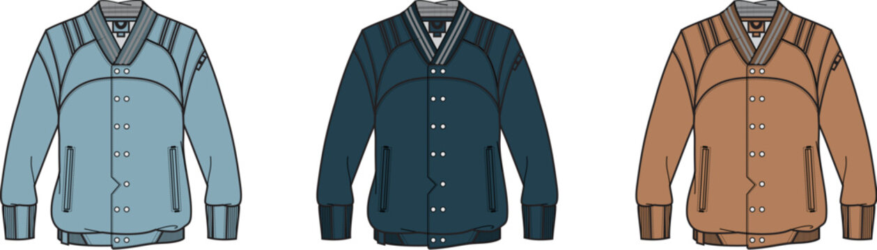 Set of men's varsity jacket fashion flat technical sketches in multiple colorways. Apparel design template with front view for clothing