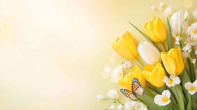 57.Beautiful Flowers Bouquet of Yellow Tulips, White Lilies, and Butterfly on Natural Green-Yellow Background, Close-up Outdoors - Powered by Adobe