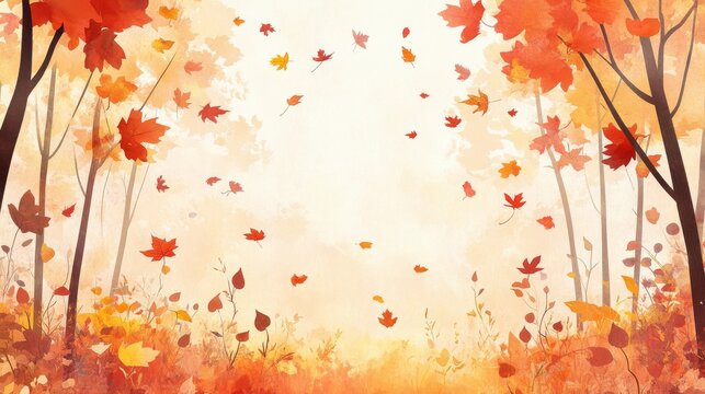 104.A peaceful autumn background, with vibrant colors of fall leaves in red, orange, and yellow, falling gently around tall trees, designed to fit an A4 horizontal format, creating a calming, natural