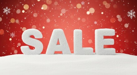 Snowy sale text on red background with bokeh lights and snowflakes falling down