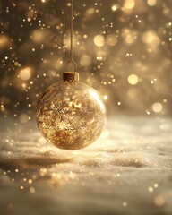 黄金色に輝くクリスマスオーナメントと雪の結晶