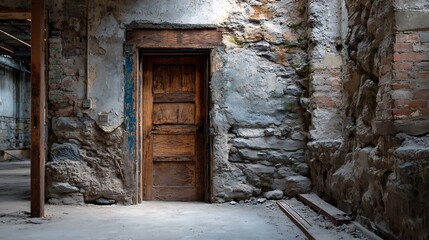 Old Wooden Doorway in a Weathered Stone and Brick Wall Interior
