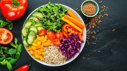 Wellness fitness holistic concept. Vibrant mixed vegetable bowl with fresh ingredients on a dark wooden surface.