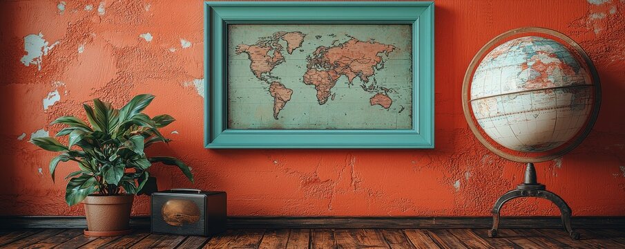 Vintage travel theme with globe, airplane, and frame