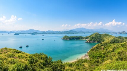 Fototapeta premium 112.A stunning panoramic view of Lan Ha Bay from Cat Ba Island, showcasing crystal-clear turquoise waters surrounded by lush green limestone islands, with boats gently floating in the serene bay