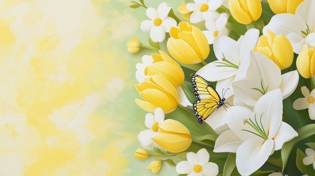 58.A stunning close-up of a bouquet of yellow tulips and white lilies with a delicate butterfly resting on the petals, set against a natural green and yellow background, capturing the vibrant colors