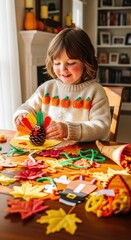 Fototapeta premium A young Caucasian girl with brown hair smiles while crafting a Thanksgiving decoration using a pine cone and colorful paper leaves. The table is filled with craft supplies.