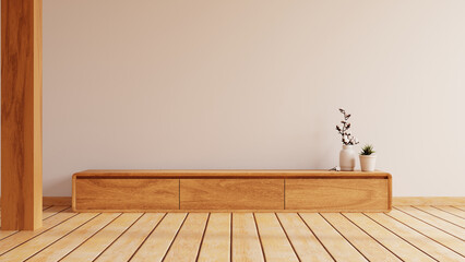A minimal wooden low cabinet placed against a soft cream wall, decorated with small vases and indoor plants- 3D rendering
