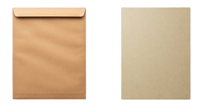 Two blank brown manila paper envelopes or folders showing front and back texture side by side isolated on transparent background for correspondence mailing