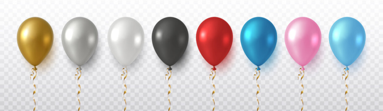 3d realistic vector icon illustration. Set collection of different color balloons, golden, white,