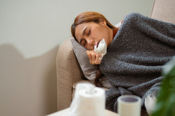 Woman feeling sick and headache, health care concept.