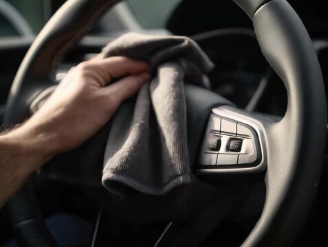 Cleaning a car steering wheel with a microfiber cloth for a fresh interior look
