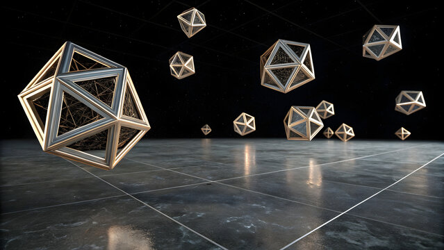 Abstract geometric shapes floating in digital space