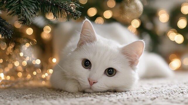 White cat resting beside a glowing Christmas tree cozy winter home scene soft bokeh lights festive pet portrait with shallow depth of field for greeting cards social media and holiday designs