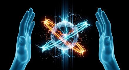 Quantum physics and abstract energy power field. Electric discharge and magnetic force concept. Two glowing blue hands surrounding an electric sphere on a black background