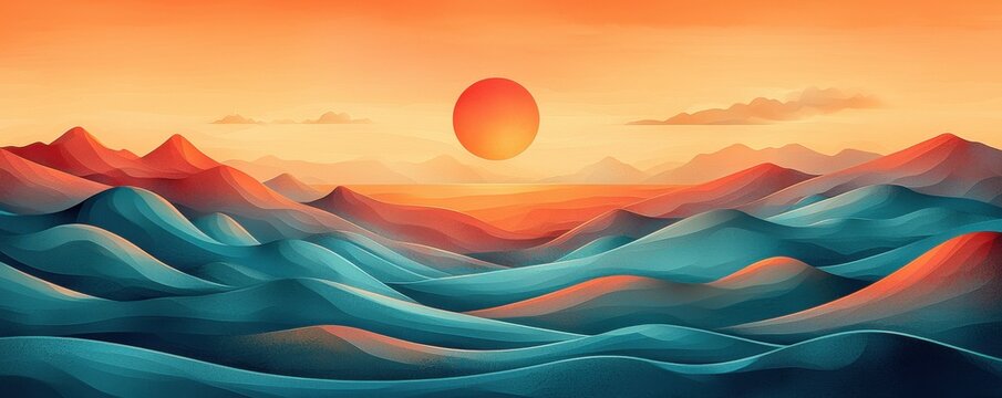 Sunset over vibrant abstract mountains in vivid colors