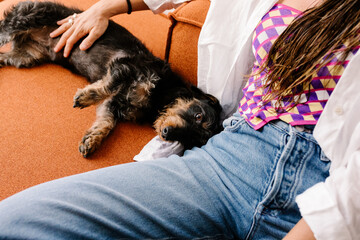 Anonymous woman spending quality time with her pet dog