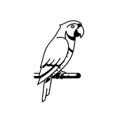 Simple black and white line art illustration of a parrot sitting on a perch, isolated vector icon