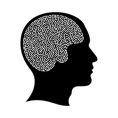 Conceptual illustration of a human head silhouette with a complex brain maze representing psychology and mental health
