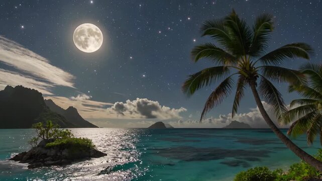 Tropical island scenery on a moonlit night