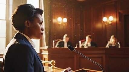 ai generated courtroom presentation with attorney speaking at lectern before judge and jury highlighting legal procedure policy and teamwork dynamics. Clear courtroom talk. Lawyer presents evidence