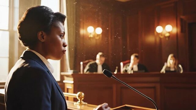 ai generated courtroom presentation with attorney speaking at lectern before judge and jury highlighting legal procedure policy and teamwork dynamics. Clear courtroom talk. Lawyer presents evidence