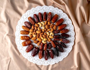 A white lace-edged platter with dates forming a ring around a central mix of almonds and cashews on a silk cloth.