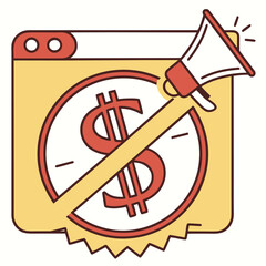 No Charge Advertisement: An illustrative representation of free advertising. The scene showcases a megaphone directed towards an icon of a webpage or a browser.