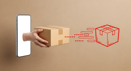 Swift delivery service concept hand holding package from smartphone screen to digital icon