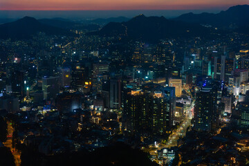 City Skyline View at Dusk With Lights Illuminating Buildings