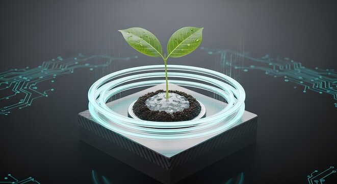 Advanced plant science and ecologic technology. Sustainable agriculture and genetic research. Small seedling growing in a dark lab setting surrounded by a bright ring