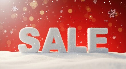 Snowy sale text on red background with snowflakes and bokeh lights