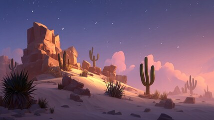 Naklejka premium Serene Desert Landscape with Cacti at Dusk under Starry Sky