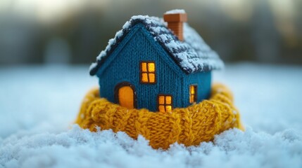 A cozy blue house wrapped in a knitted scarf for warmth against the cold winter season indoors