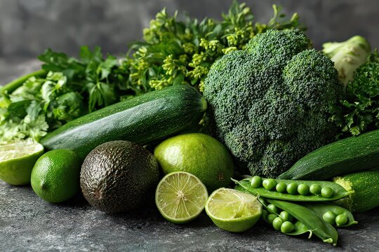 Fresh Green Vegetables and Fruits on Dark Background for Healthy Eating and Dieting
