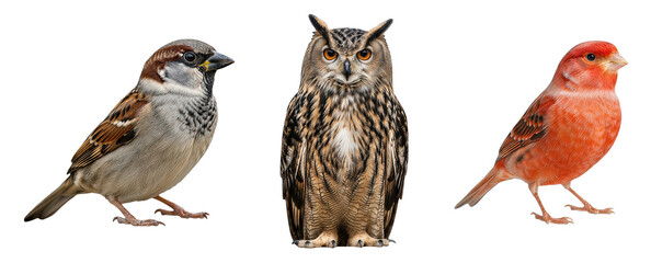 House Sparrow Owl and Bright Orange Canary Lined Up Facing Forward on transparent background Wildlife Bird Trio Composition Isolated Illustration Ornithology