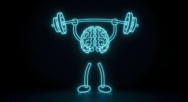 Strong artificial intelligence and mental health concept. Brain power and learning technology. Neon glow brain character lifting a heavy barbell on a dark background