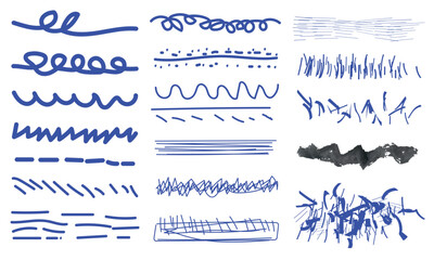 Collection of Hand-Drawn Blue and Black Brush Strokes and Lines — Expressive Sketchy and Textured Line Art