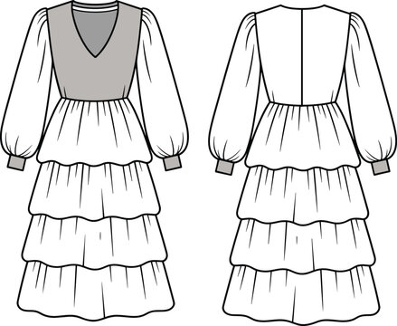 Long sleeve tiered dress cad sketch, v-neckline, fashion flat vector, ideal for designers, front and back technical illustration.