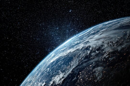 Blue Planet Earth With City Lights in Space With Starfield Background and Atmospheric Glow From Space During Nighttime With Detailed Surface Texture