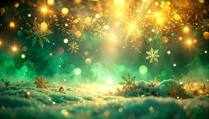 Magical Winter Dreamscape Illuminated by Golden Glow and Sparkling Snowflakes in a Mystical Green Haze, Creating a Festive and Enchanting Celebration Background