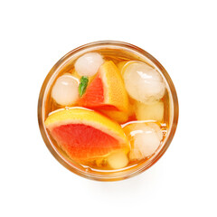 Glass of tasty cold ice tea with grapefruit isolated on white background, closeup