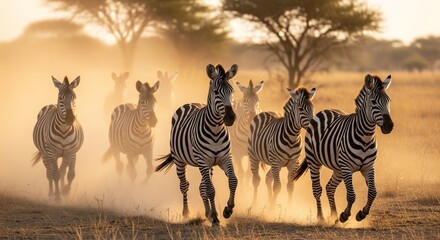 Dust and Stripes: Zebra Herd Running Wildly Across the Savannah