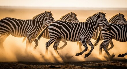 Golden Pursuit: Zebras in Action Kicking Up Dust at Sunset