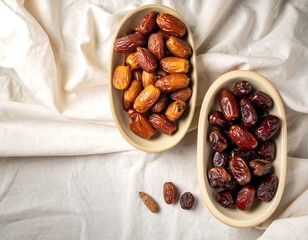 Two oval ceramic bowls filled with different varieties of dates on a wrinkled white linen cloth, top-down view.