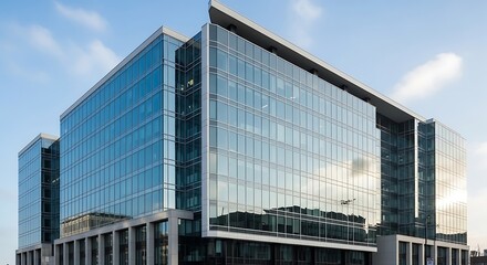 Modern Glass Office Building Reflecting Sky and Clouds in Urban Business District