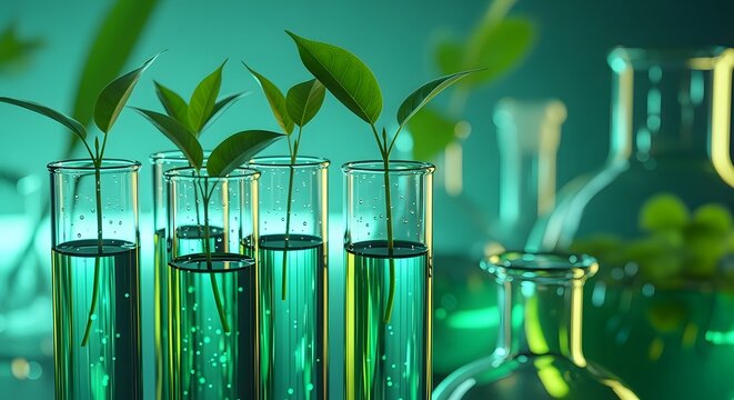 Green chemistry and botanical extract research for natural products. Sustainable science and organic medicine. Green shoots growing in test tubes with liquid in a laboratory